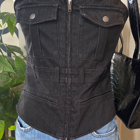 Black Strapless Denim Zip Top - Picture 2 of 5